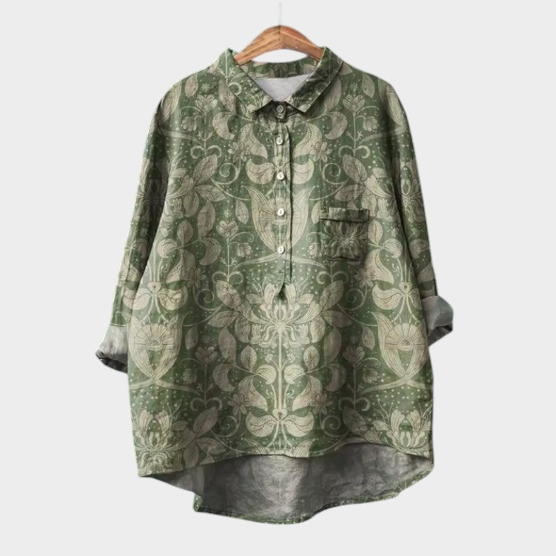 Women’s lace-detail blouse, green patterned button-front with collar and chest pocket
