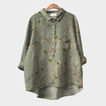 Olive green embroidered button-front blouse with pointed collar and chest pocket