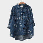 Floral button-up blouse with sheer long sleeves, dark navy