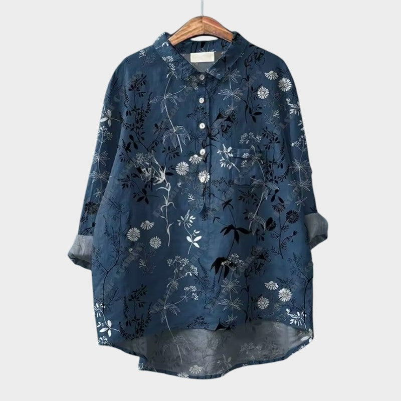 Floral button-up blouse with sheer long sleeves, dark navy