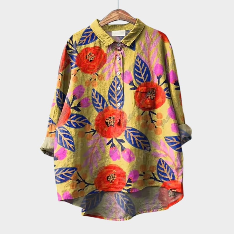Livia women's blouse, multicolor floral leaf print, button-front, long sleeves