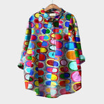 Premium button-up blouse with multicolor geometric print and long sleeves