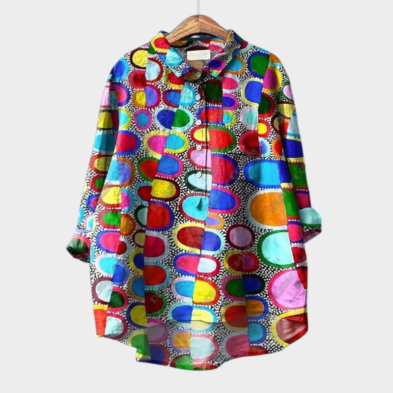 Premium button-up blouse with multicolor geometric print and long sleeves