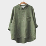 Olive green button-front blouse with collar and chest pocket, long sleeves.