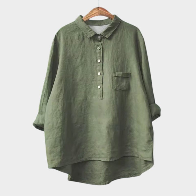Olive green button-front blouse with collar and chest pocket, long sleeves.