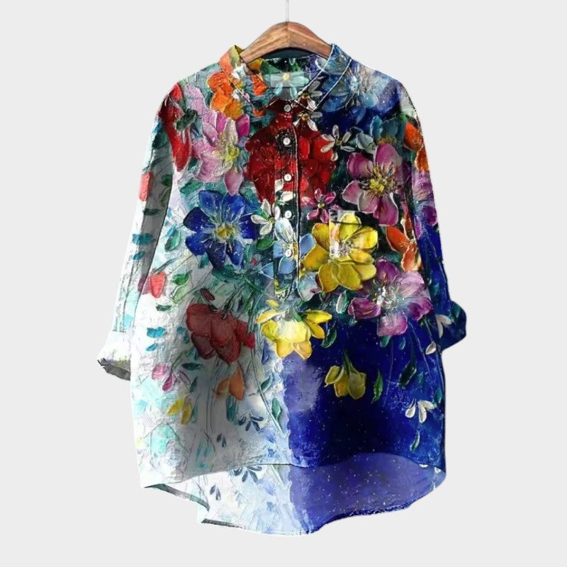 Premium floral embroidered blouse with long sleeves and button front, multicolor flowers