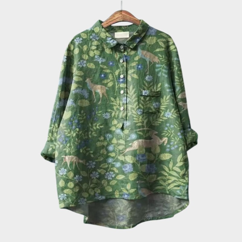 Green floral button-up blouse with long sleeves and chest pocket