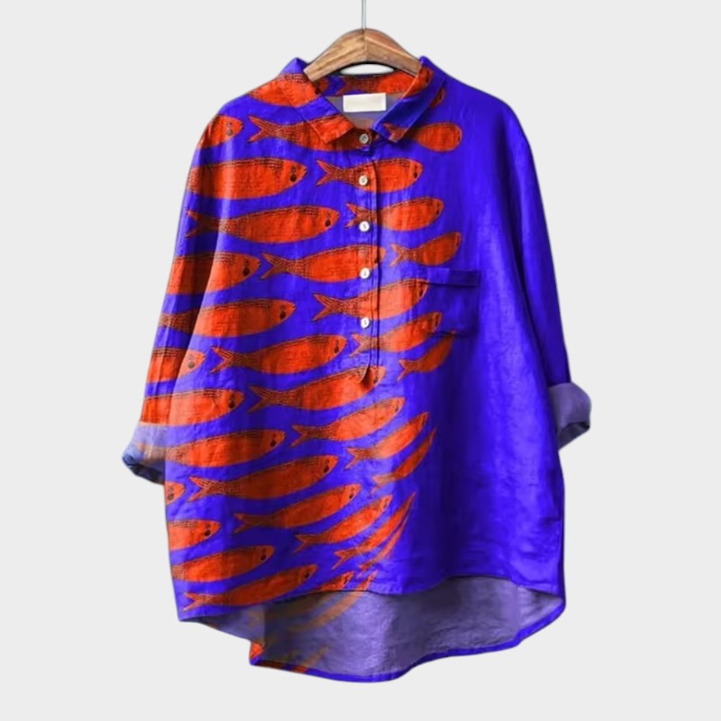 Women's button-front blouse, purple with orange stripe pattern and long sleeves