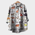 Light gray long-sleeve button-front blouse with colorful cat print