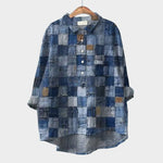Women’s button-front blouse with short sleeves, collared neckline, dark blue abstract block pattern