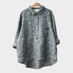 Lena premium patterned button-up blouse with chest pocket, leaf print, 3/4 sleeves