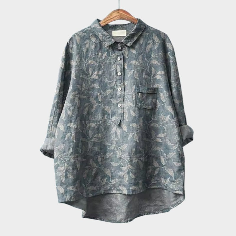 Lena premium patterned button-up blouse with chest pocket, leaf print, 3/4 sleeves