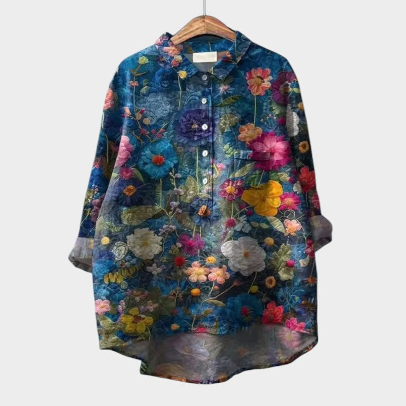 Brigitte premium blouse, dark blue floral print with button front and long sleeves