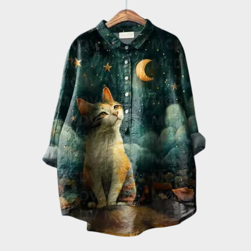 Dark green long-sleeve button-up blouse with cat and celestial print, collared front