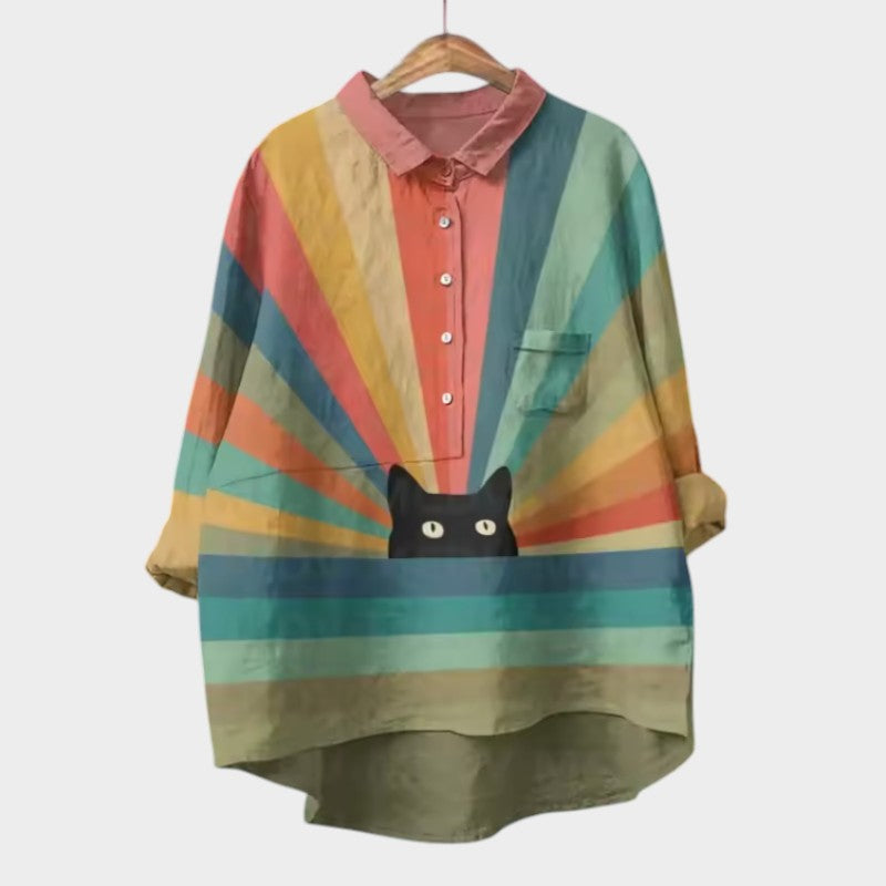 Women’s multicolor striped blouse with collar, button front, and black cat applique