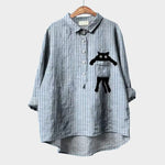 Light blue striped button-up blouse with collar, long sleeves, cat applique chest pocket