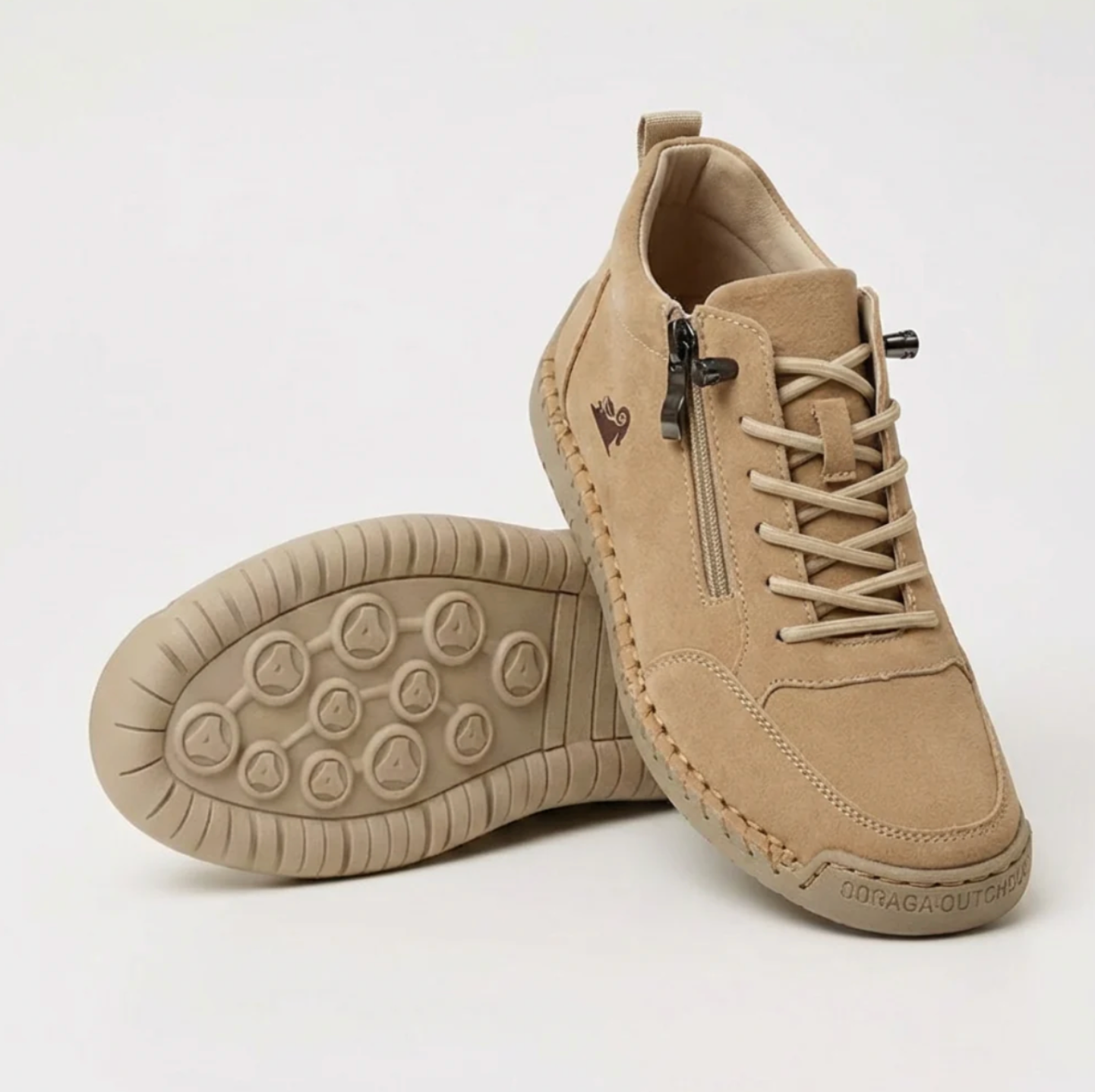 Beige sport orthopedic sneaker with lace-up, side zipper, and grippy cushioned sole.
