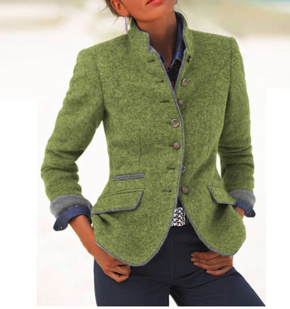 Women’s high-collar blazer in textured green with button front and flap pockets, long sleeves