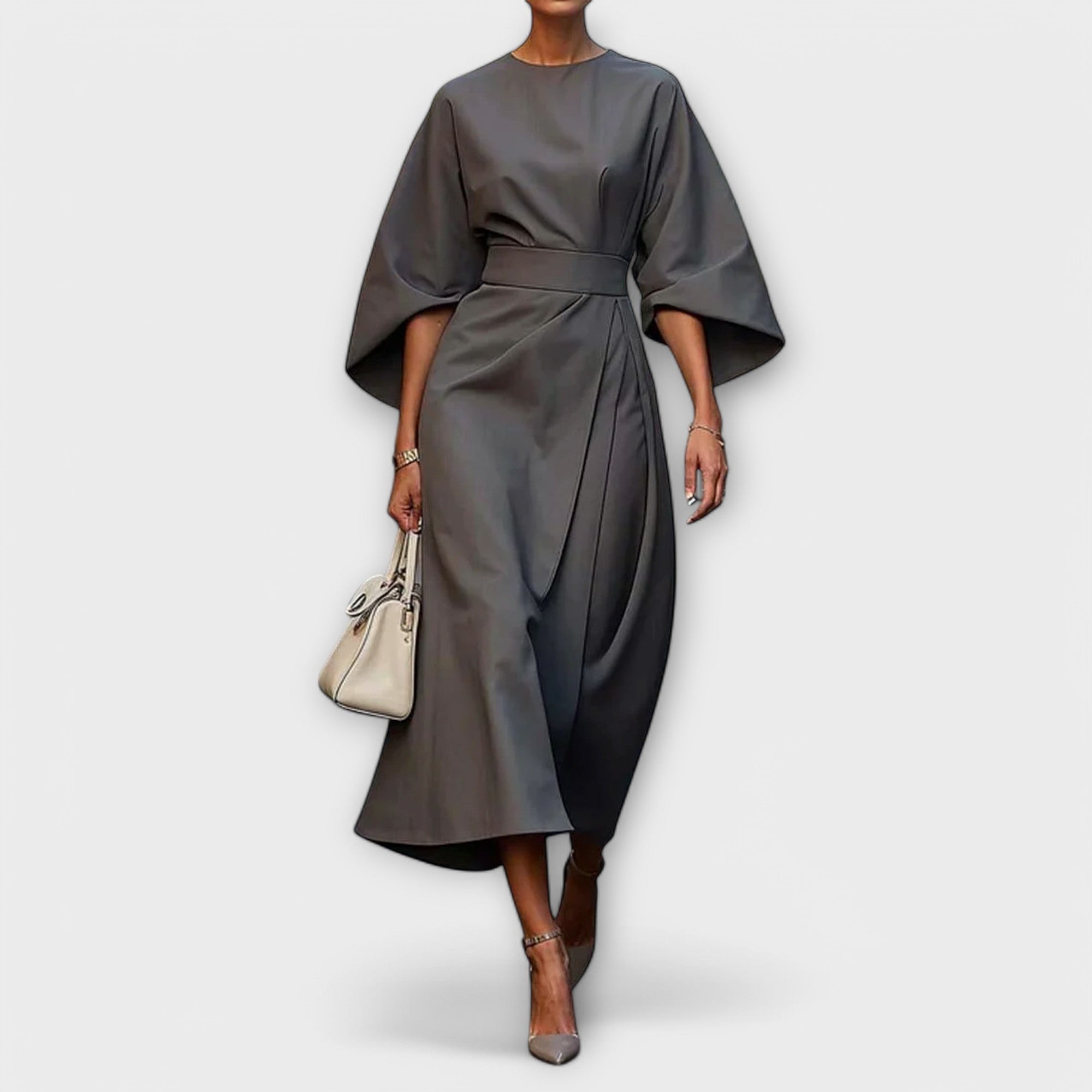 Gray satin midi dress with wide batwing sleeves and waist belt, soft gathered panel.