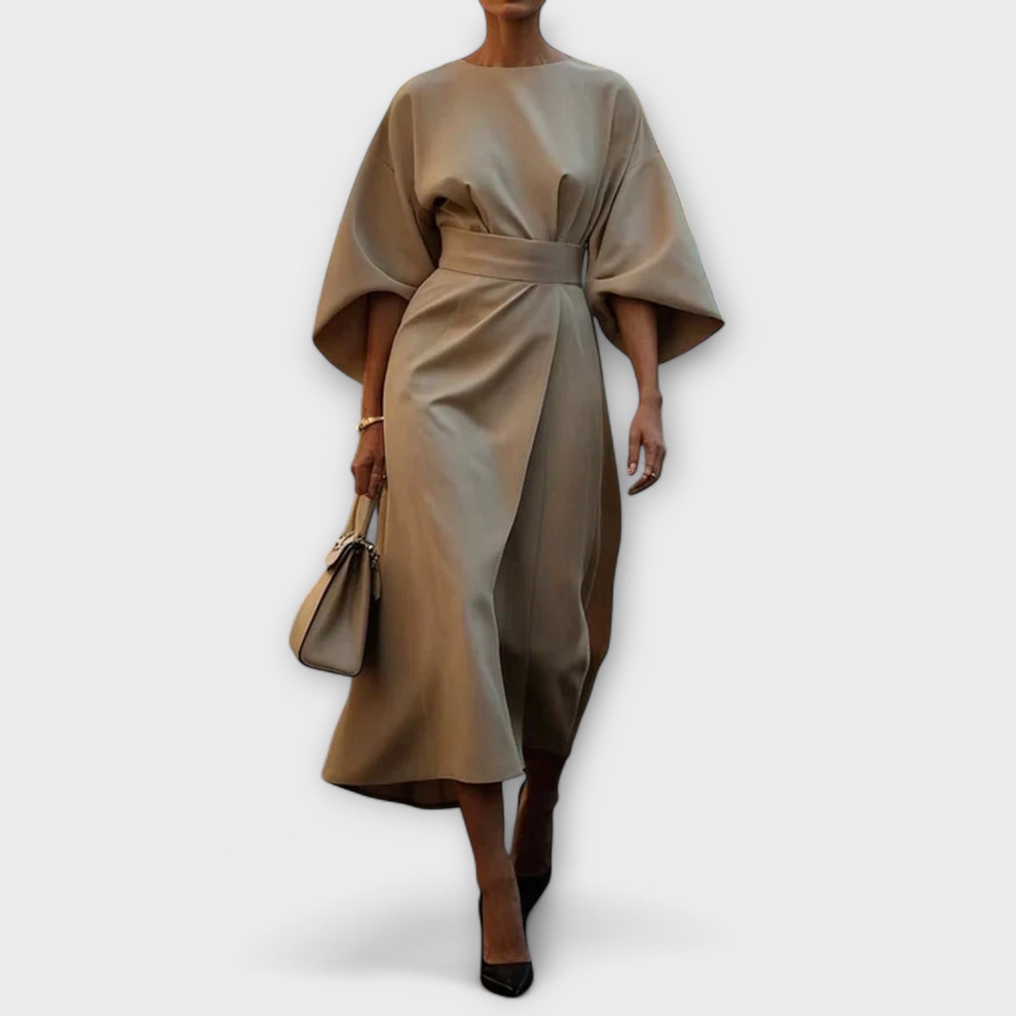 Beige satin midi dress with wide batwing sleeves and waist belt, gathered front.