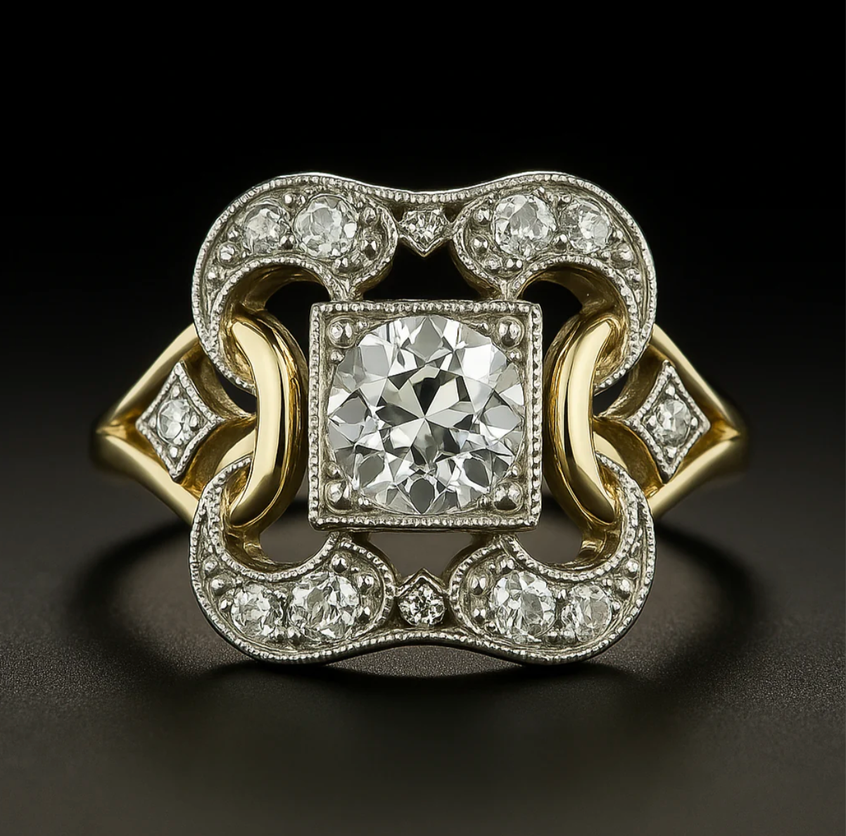 Square clear stone cocktail ring with ornate silver setting, round halo accents, gold underbands