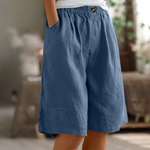 Cotton comfort shorts, dusty blue, elastic waist with front button detail