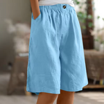 Cotton comfort shorts, powder blue, elastic waist with front button detail