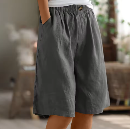 Cotton comfort shorts, charcoal gray, elastic waist with front button detail