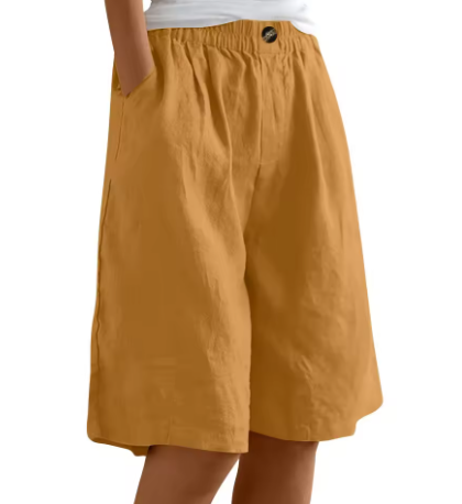 Cotton casual shorts with elastic waist, mustard color, button detail, loose fit