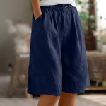 Cotton comfort shorts, navy blue, relaxed elastic waistband with front button