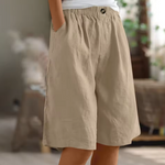 Cotton comfort shorts, khaki beige, elastic waistband with front button detail