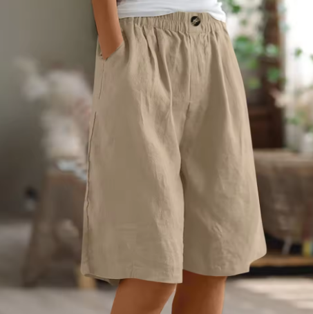 Cotton comfort shorts, khaki beige, elastic waistband with front button detail