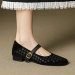 Black woven leather Mary Jane sandals with ankle strap and gold-tone buckle