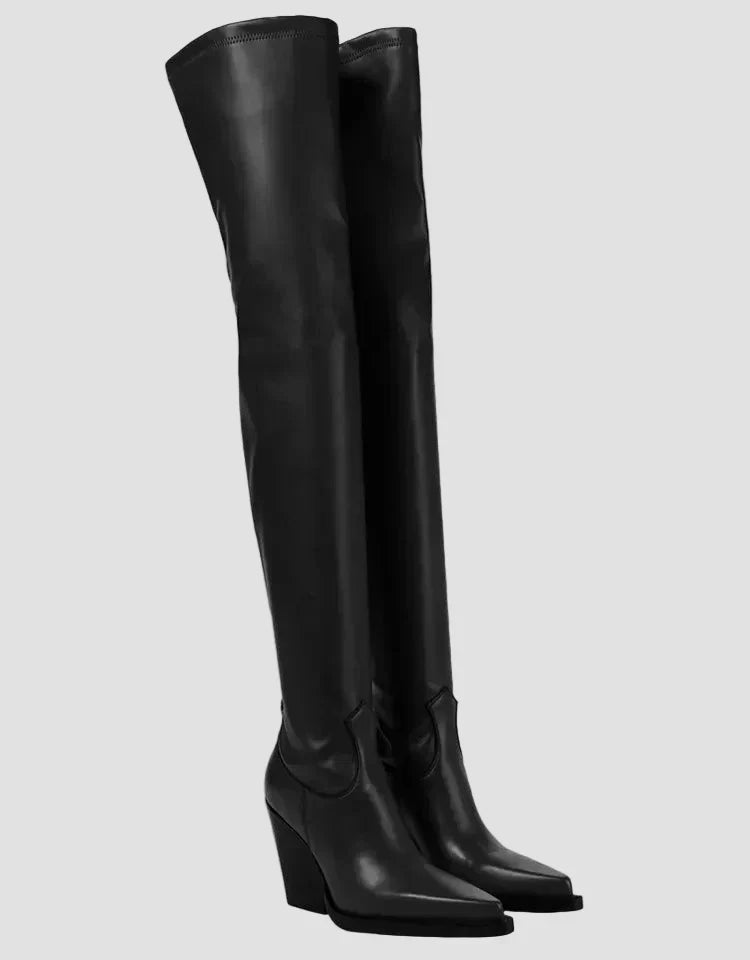 Black over-the-knee heeled boots with pointed toe and sleek leather-look finish
