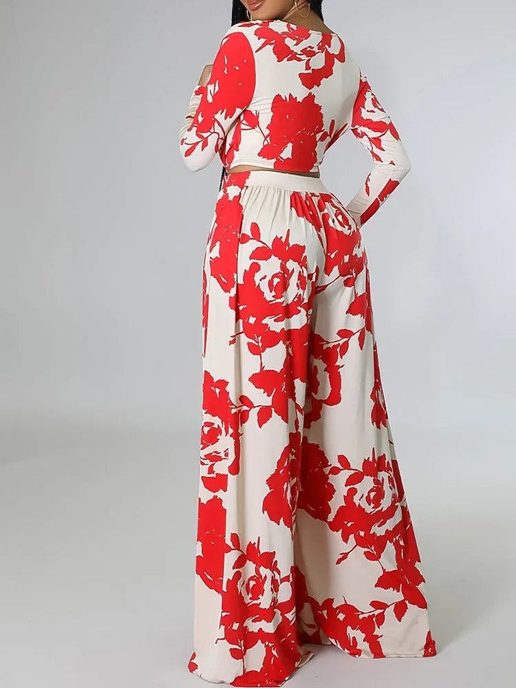Red & white floral two-piece set with elastic waist wide-leg trousers