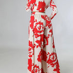 Red & white floral two-piece set with elastic waist wide-leg trousers