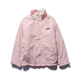 Light pink reversible winter jacket, smooth outer shell with front zip and pocket seams