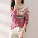Isotta Nordic knit sweater in pink with fair isle yoke and ribbed crew neck
