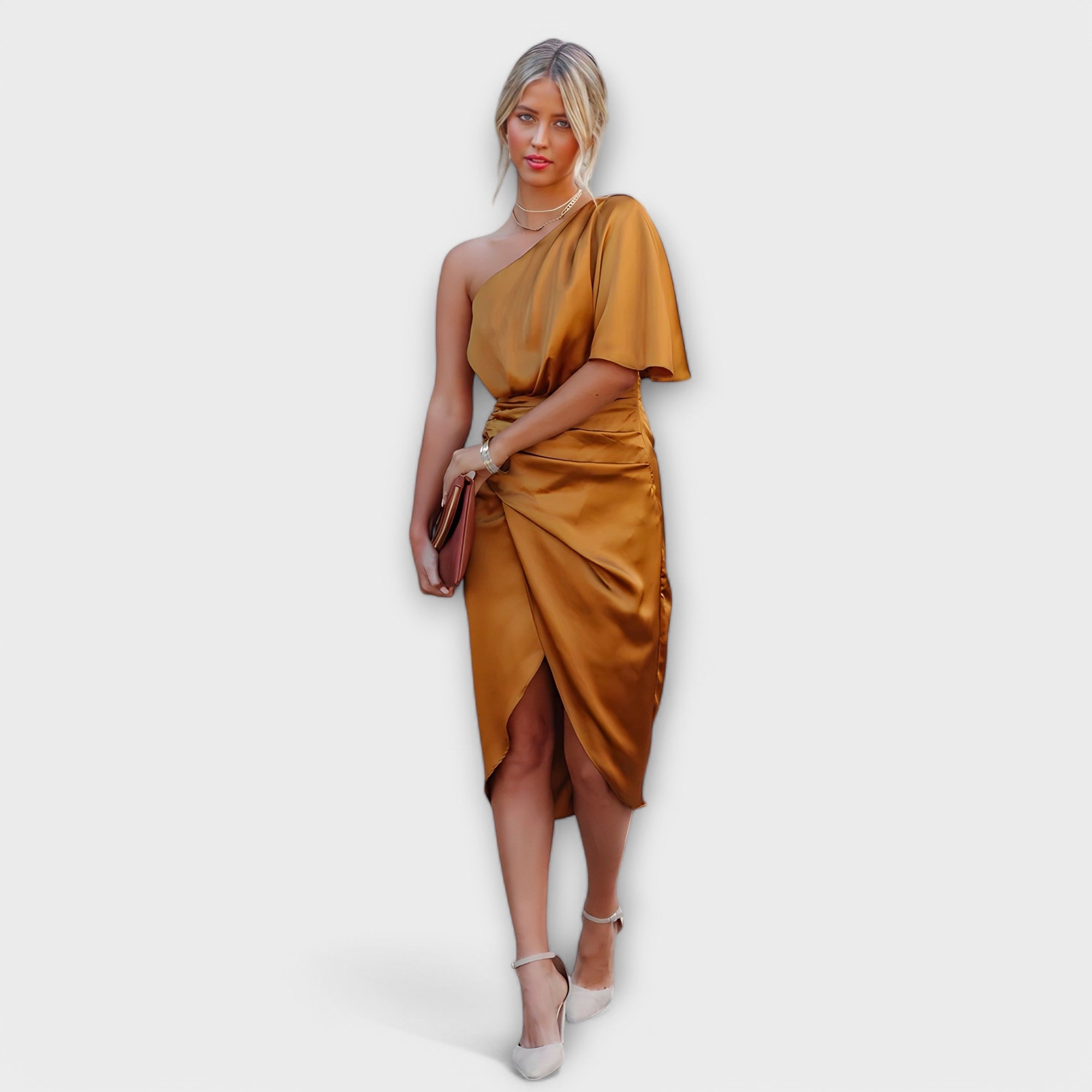 Orange satin one-shoulder evening dress with draped waist and asymmetric hem slit
