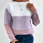 Pastel two-tone knit sweater, crew neck, long sleeves, ribbed cuffs and hem