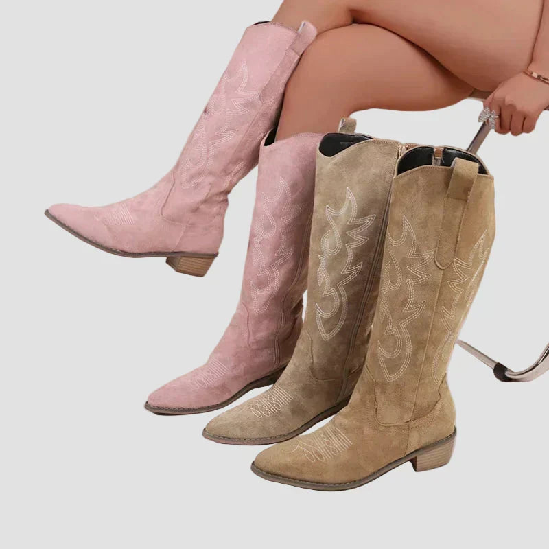 Pink and tan suede cowboy western boots, pull-on with stitched star patterns, low heels