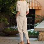 Lili linen two-piece set in beige: short-sleeve top and ankle-cropped pants (back)