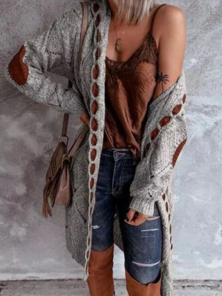 Relaxed knit cardigan, open front, long sleeves, gray knit with brown stitched accents