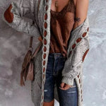 Relaxed knit cardigan, open front, long sleeves, gray knit with brown stitched accents