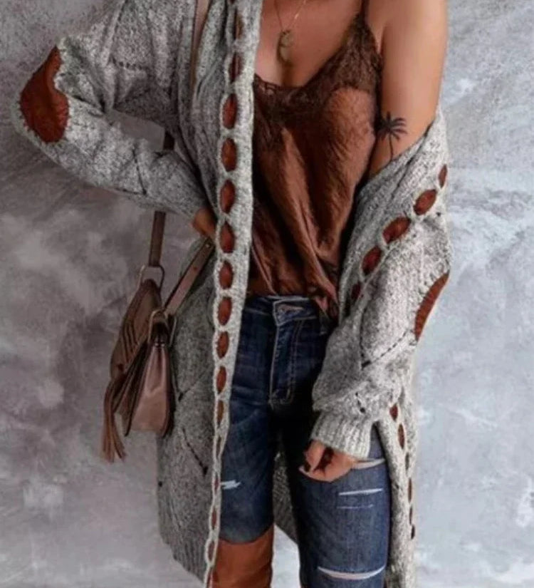 Relaxed knit cardigan, open front, long sleeves, gray knit with brown stitched accents