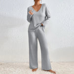 Vivienne two-piece knit lounge set in light blue-gray: V-neck top with wide-leg trousers