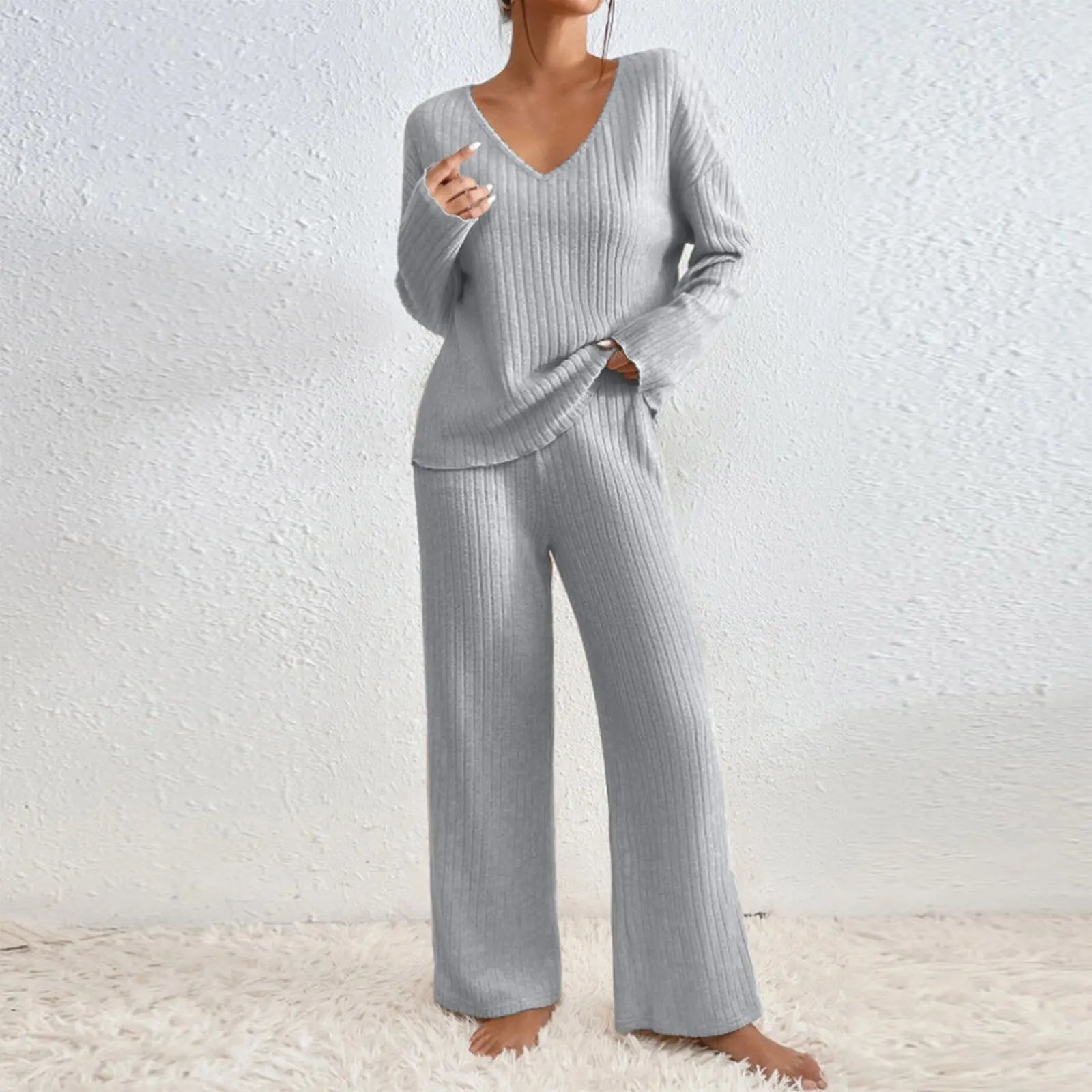 Vivienne two-piece knit lounge set in light blue-gray: V-neck top with wide-leg trousers