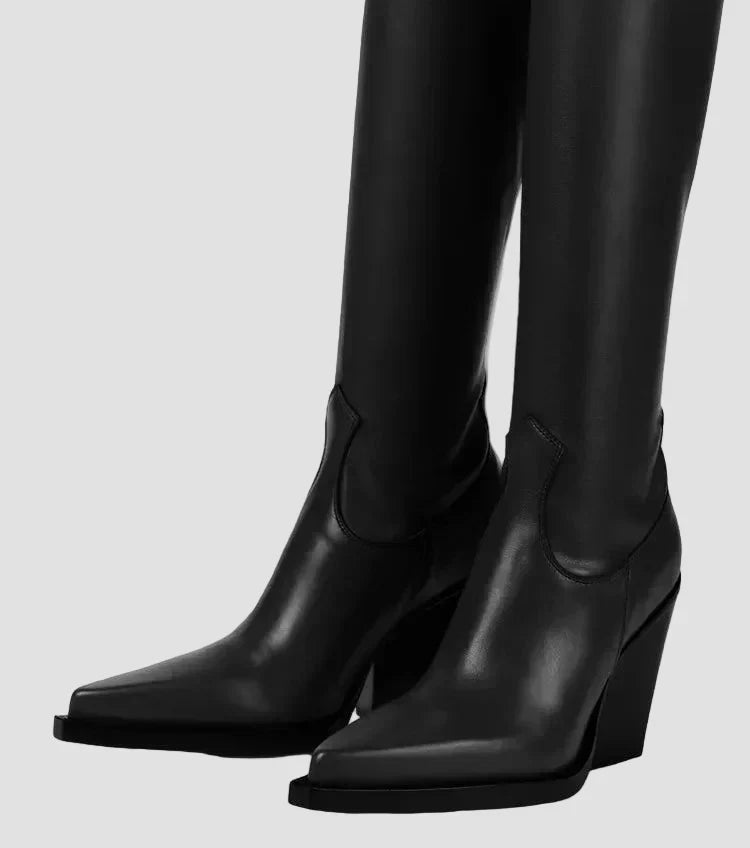 Knee-high heeled boots with leather-look finish and square-toe, black