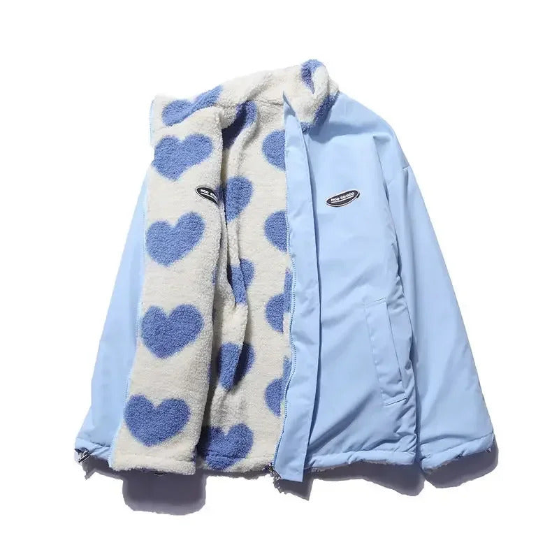 Reversible winter jacket, light blue shell with blue heart fleece lining