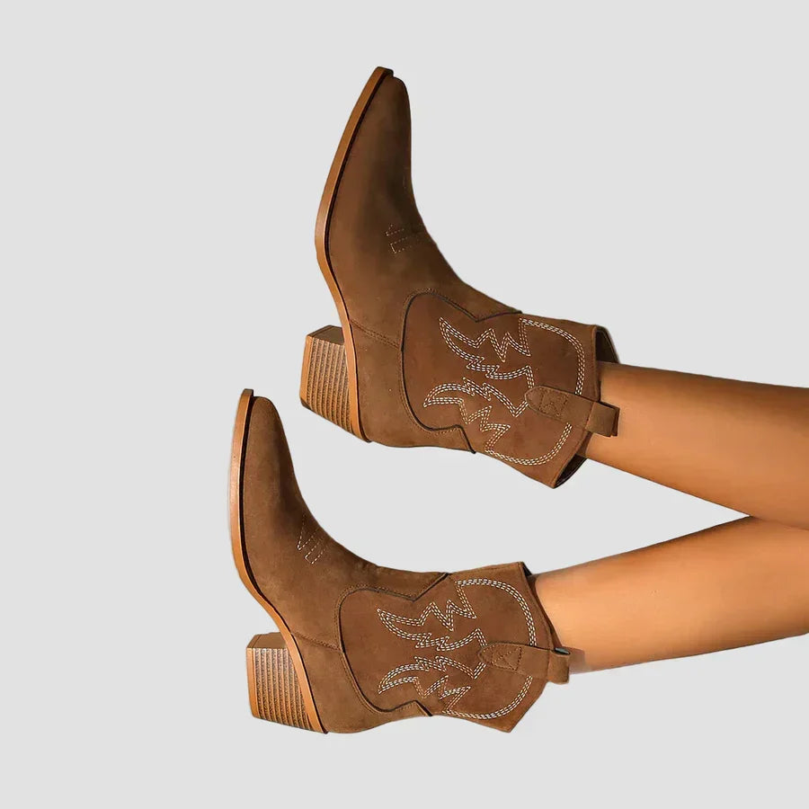Chestnut western embroidered ankle boots with side pull tabs and block heel